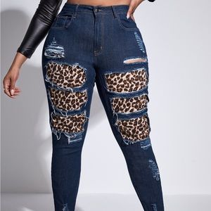 Leopard Patched Distressed Blue Denim Jeans Size 4XL(20W)